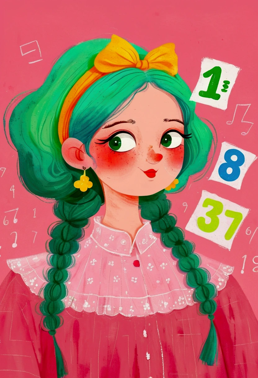 A cartoon，The woman in the painting has green hair and a pink shirt, Digital painting inspired by Pia Fries, tumblr, The art of math, Digital drawing, No gradient, Beauvot Art Style, The art of math hi, #The greatest number in history, cute cartoon, # The greatest number in history, Digital illustration style