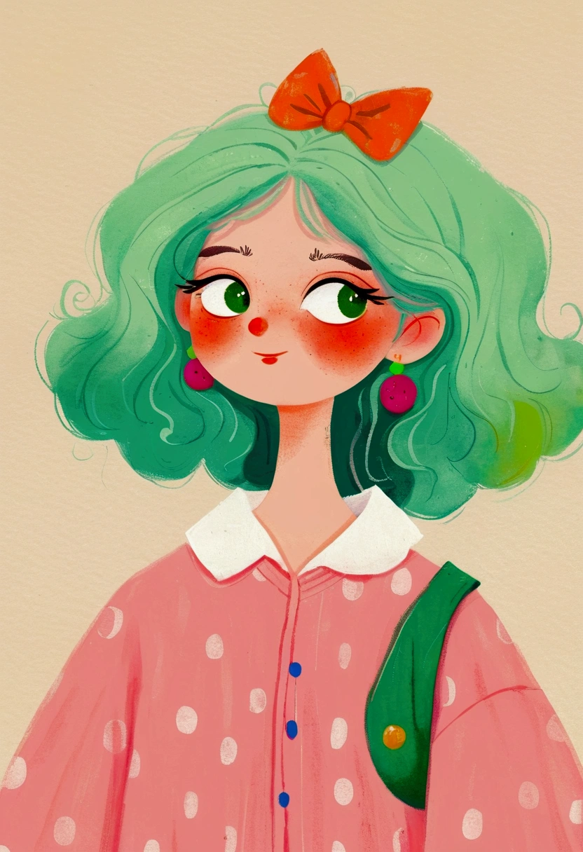 A cartoon，The woman in the painting has green hair and a pink shirt, Digital painting inspired by Pia Fries, tumblr, The art of math, Digital drawing, No gradient, Beauvot Art Style, The art of math hi, #The greatest number in history, cute cartoon, # The greatest number in history, Digital illustration style