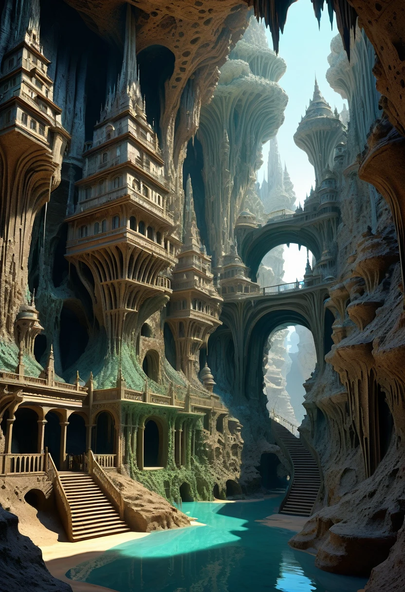 there are many inverted cavities (different rooms, joined by mandelbulb projections that form passages) in the middle of an underground canyon that makes up a mandelbulb mud village at different heights with many balconies and stalactites and stalactites, fantasy architecture, Highly detailed 4k digital art, beautiful detailed fantasy, stunning fantasy landscape, detailed fantasy digital art, arstation and beep highly, fantasy style octane 8k rendering, stuning fantasy 3d rendering, 4k detail fantasy, fantasy 3d rendering, 3D rendering beep, deep masive desert landscape, stalacmite cave laberinto very confuse type geonosis bubbes