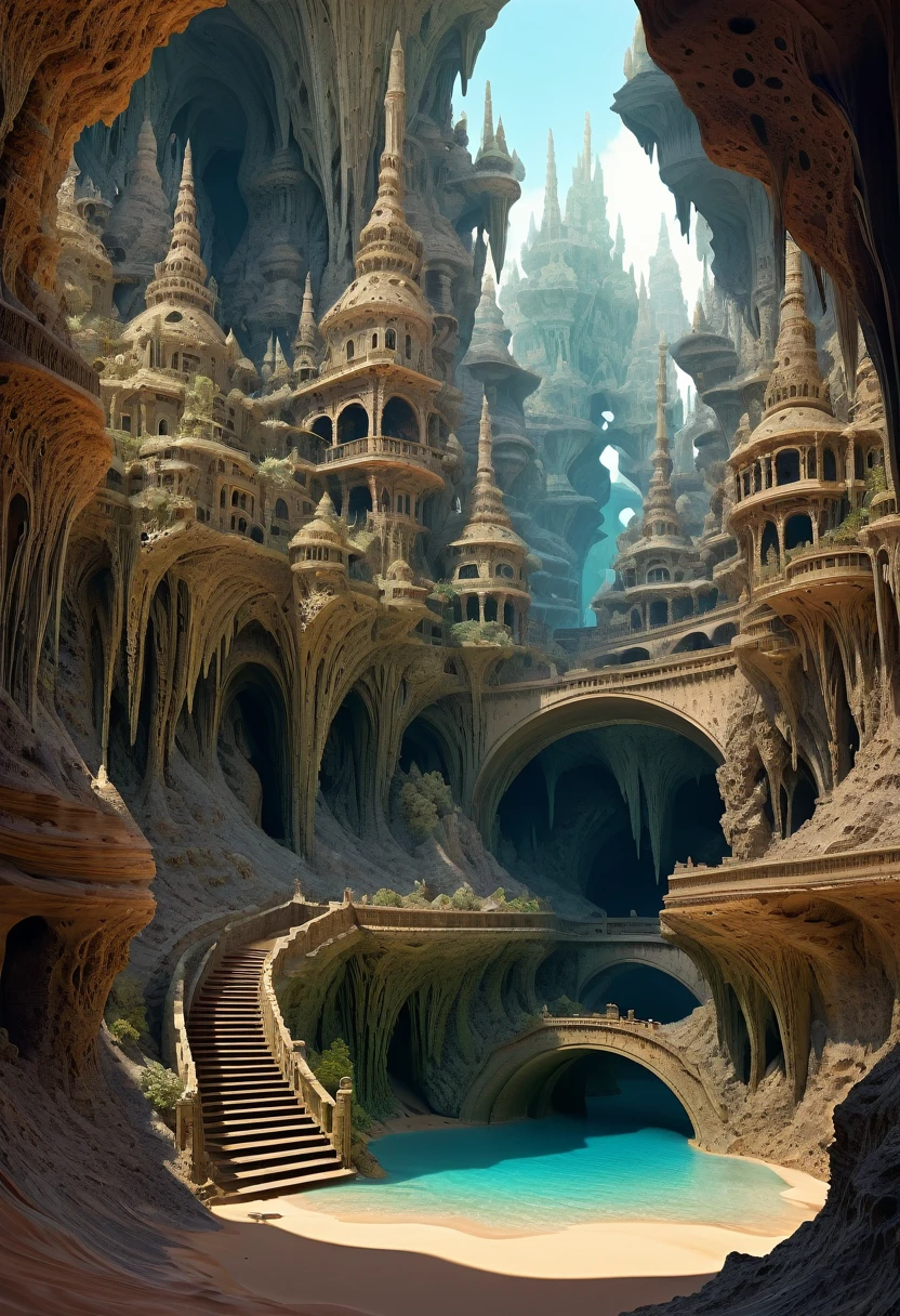 there are many inverted cavities (different rooms, joined by mandelbulb projections that form passages) in the middle of an underground canyon that makes up a mandelbulb mud village at different heights with many balconies and stalactites and stalactites, fantasy architecture, Highly detailed 4k digital art, beautiful detailed fantasy, stunning fantasy landscape, detailed fantasy digital art, arstation and beep highly, fantasy style octane 8k rendering, stuning fantasy 3d rendering, 4k detail fantasy, fantasy 3d rendering, 3D rendering beep, deep masive desert landscape, stalacmite cave laberinto very confuse type geonosis bubbes