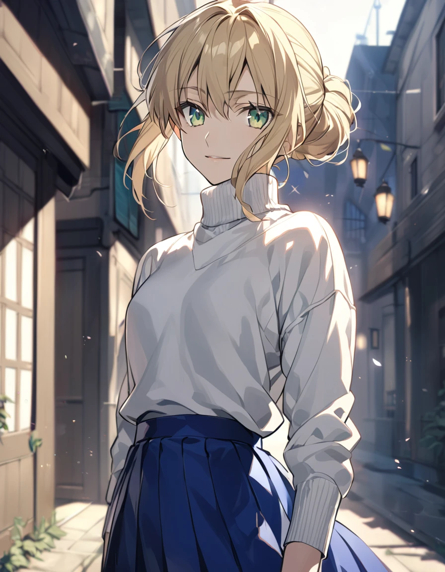 fate stay night, artoria pendragon(blond hair, chignon hair, light green eyes, white sweater, blue skirt, light smile)