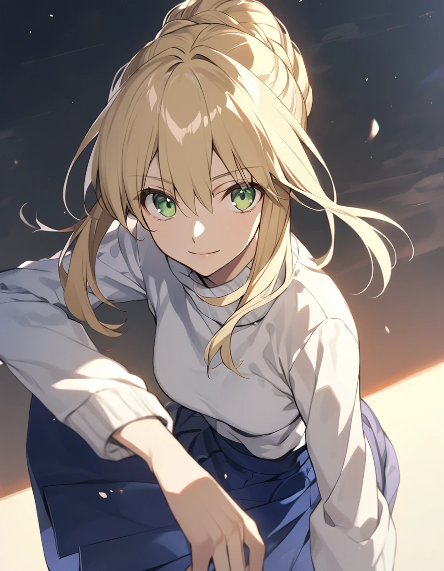 fate stay night, artoria pendragon(blond hair, chignon hair, light green eyes, white sweater, blue skirt, light smile)