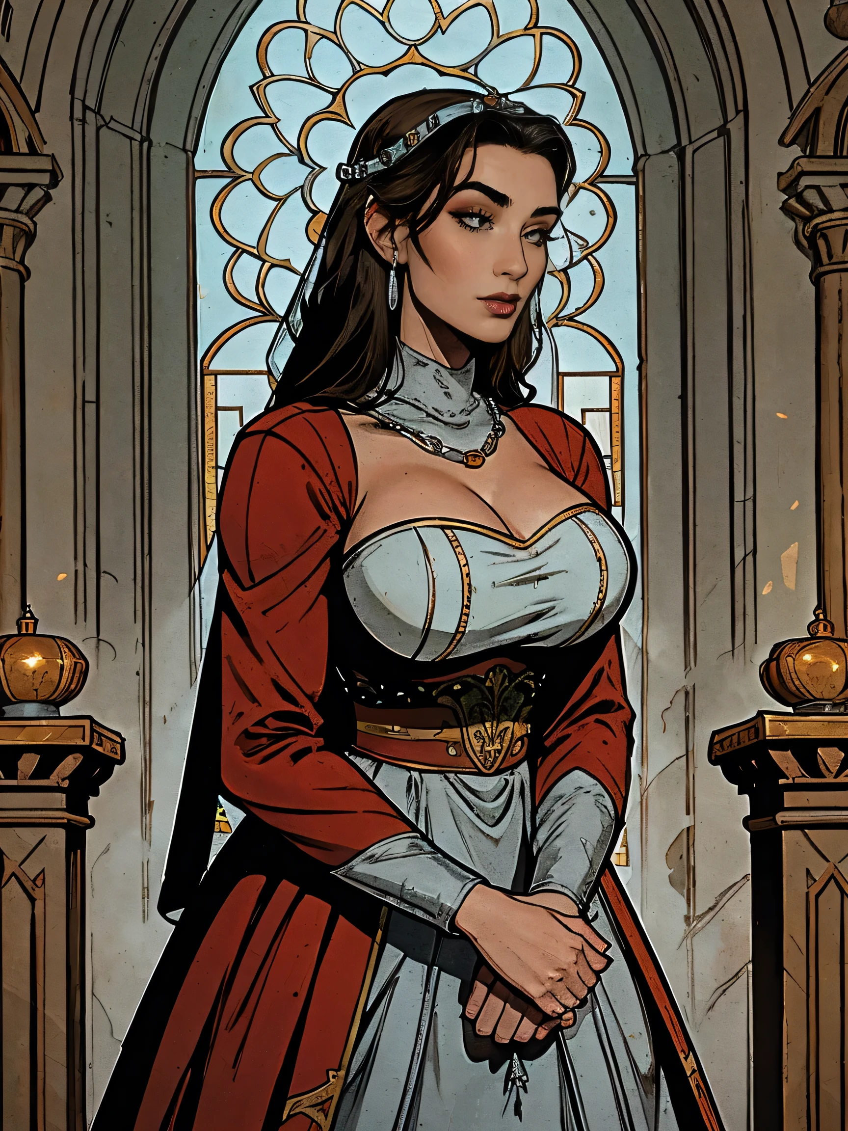 Beautiful and majestic, imperious and distant, busty athletic (fine tune) brunette queen with striking facial features wearing a modest hairstyle, dark red medieval dress, long sleeves, embroidered, wide neck, tails, veil, long robe, modest dress, tight bodice, (Silver Waist Chain), medieval jewelry, middle Ages, castle, wall, wand, stained glass