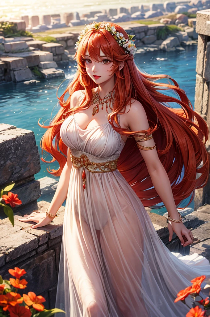 a 25-year-old young woman, with Orange long hair, fair skin and brown eyes, wearing red lipstick and a white flowery dress, as a goddess from Greek mythology.