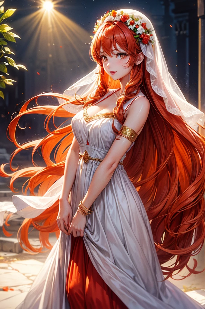 a 25-year-old young woman, with Orange long hair, fair skin and brown eyes, wearing red lipstick and a white flowery dress, as a goddess from Greek mythology.