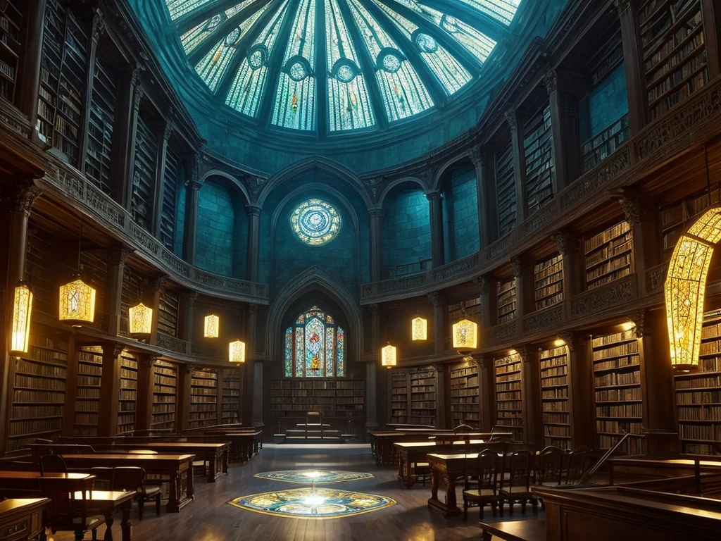 OLD LIBRARY, fantasy world, iluminación interior dada por gemas minerales con bioluminiscencia , In the background you can see a large stained glass window and several desks with chairs.