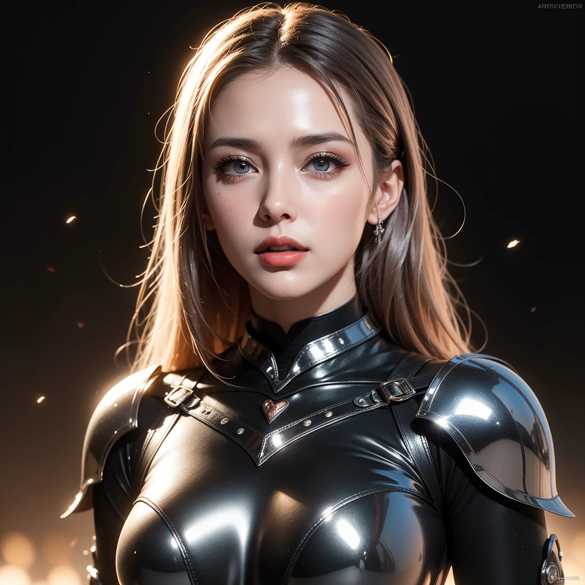 dark colored, photo-realistic, cheerful feminine cute face and beatiful eyes, high quality masterpiece, cinematographic scene, 4K resolution, american shot, of an attractive young fem silver Knigth with feminine Russian face features, posing epic battle, light skin, long straight luster soñver hair, sexy shiny black-metal armor made of shiny black steel with silver details, honey lenses, dark makeup, eyeshadow and dark lipstick, sensual athethic body, black choker, highlighting her beautiful and toned thighs, ray tracing effects, reflective textures, lighting effects. particle effects in the environment, dramatic soft lighting