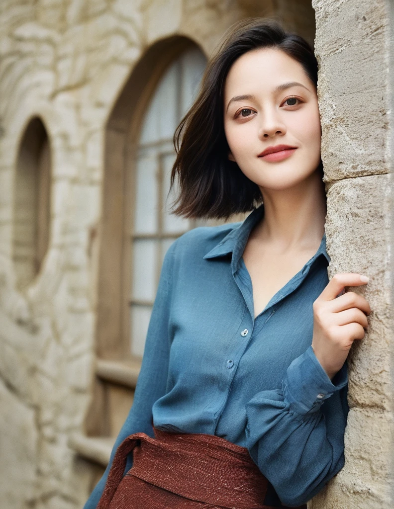 Ultra-Realistic photo of a gorgeous young cute asian girl, very beautiful long slender slimming face Japanese girls, eyes winged, smiling, still from the film, (solo), (((Marion Cotillard look like face: 0.9))), (masterpiece:0.8), (highest quality:1.12), (HDR:1.0), (((front view, dynamic angle))), Live-action comic style, looking at viewer, highly detailed, from front, 1girl, masterpiece, best quality, cowboy shot, girl, realistic drawing, anime, by Sam Yang, sharp highly detailed realistic photography, art, (hyperrealism, soft light, sharp), weapon, sword, (((black glowing eyes))), dynamic pose, blonde bob hair, ((in castle manor)), ((((full-clothed)))), (((((in medieval castle))))), (((((upper body))))), dynamic pose, Leica SL3, Summicron-SL 75 f/2 ASPH, kodak gold 200 film, hands up, dynamic action pose,