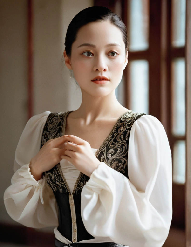 Ultra-Realistic photo of a gorgeous young cute asian girl, very beautiful long slender slimming face Japanese girls, eyes winged, smiling, still from the film, (solo), (((Marion Cotillard look like face: 0.9))), (masterpiece:0.8), (highest quality:1.12), (HDR:1.0), (((front view, dynamic angle))), Live-action comic style, looking at viewer, highly detailed, from front, 1girl, masterpiece, best quality, cowboy shot, girl, realistic drawing, anime, by Sam Yang, sharp highly detailed realistic photography, art, (hyperrealism, soft light, sharp), weapon, sword, (((black glowing eyes))), dynamic pose, blonde bob hair, ((in castle manor)), ((((full-clothed)))), (((((in medieval castle))))), (((((upper body))))), dynamic pose, Leica SL3, Summicron-SL 75 f/2 ASPH, kodak gold 200 film, hands up, dynamic action pose,