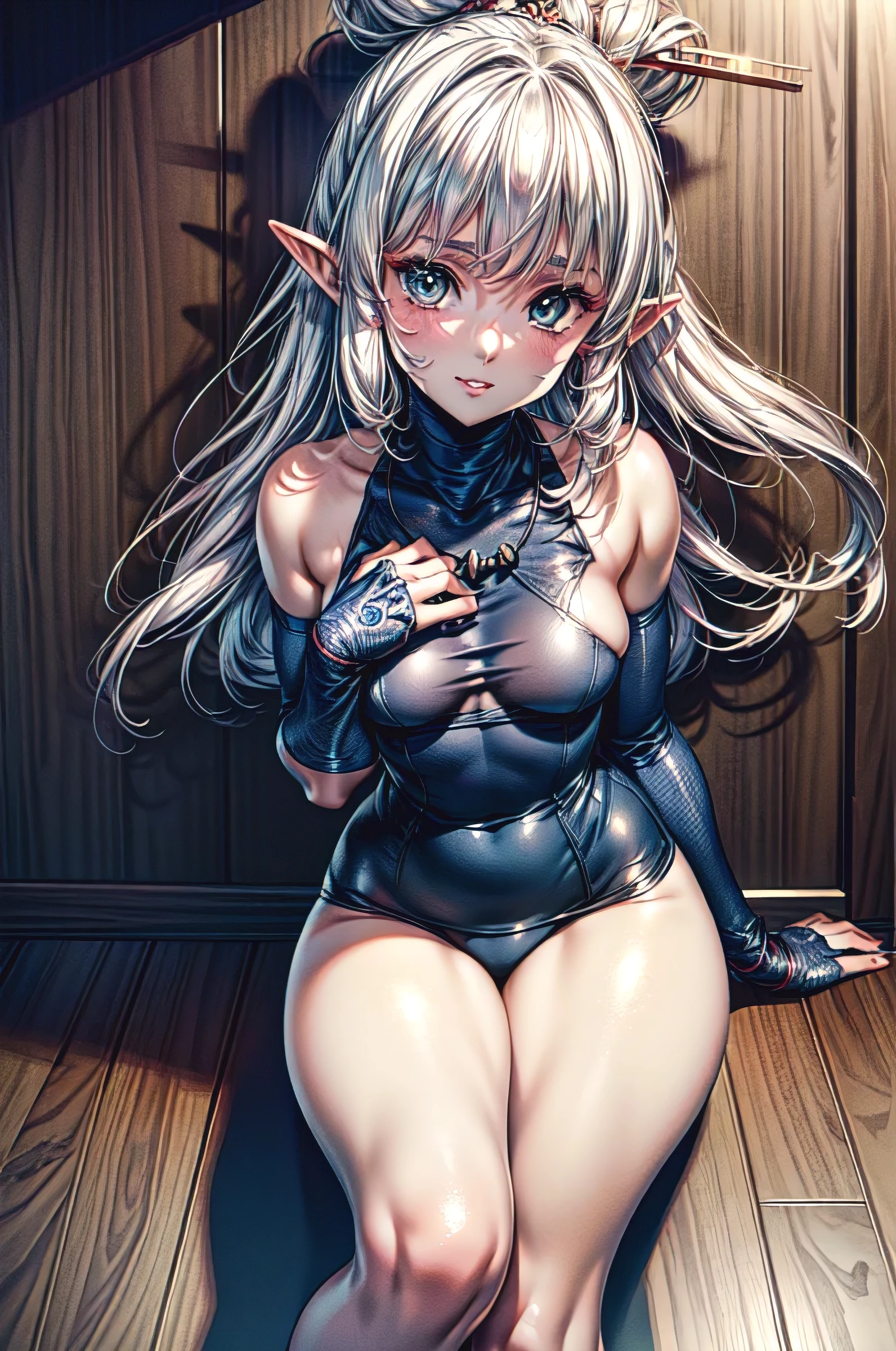 (masterpiece:1.1), (best quality:1.1), 1girl, Real light and shadow, anime face, 4k, 8k, wallpaper,epic, detail texture, Paya, elf ears, pointy ears, White hair, (blue eyes:1.5), ((((white hair:1.35, long hair)))),intricate eyes,beautiful detailed eyes, (symmetrical eyes,big eyes:1.5,(((lustrous skin:1.5,bright skin: 1.5,skin tanned,shiny skin,very shiny skin,shiny body,plastic glitter skin,exaggerated shiny skin,illuminated skin))),(detailed body,(detailed face)), cute, erotic,daring, jersey, number zero, basketball uniform, blue shorts, orange trim, shirt tucked in, from behind, tired, parted lips, looking at viewer, room, wooden wall, wooden floor, (Beautiful, small Breasts:1.2), natural breasts, best quality, masterpiece, very aesthetic, dress, jewelry, flower, wedding dress, veil, necklace, elbow gloves, smile, looking at viewer, (dynamic pose:1.0),happy,smile,(centered,scale to fit dimensions,Rule of thirds), highres,sharp focus,(ultra detailed,extremely detailed),(photorealistic artwork:1.37),(extremely detailed CG unity 8k wallpaper),(((vibrant colors,vibrant theme))),(intricate),(masterpiece),(best quality),
