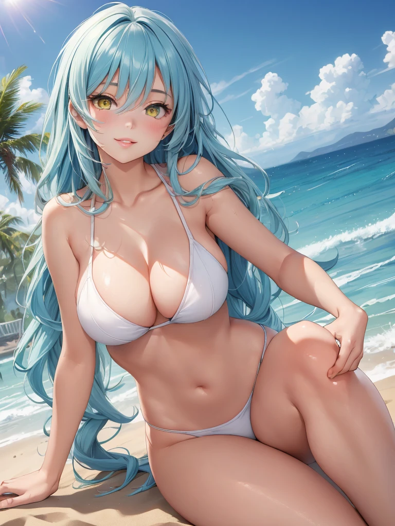 curvy athletic body, aqua, light blue long hair, blue eyes, looking up at viewer, shy, smiling, bottom less,  beach, island, lying on beach ,((naked)), lying on water, sleeping on beach