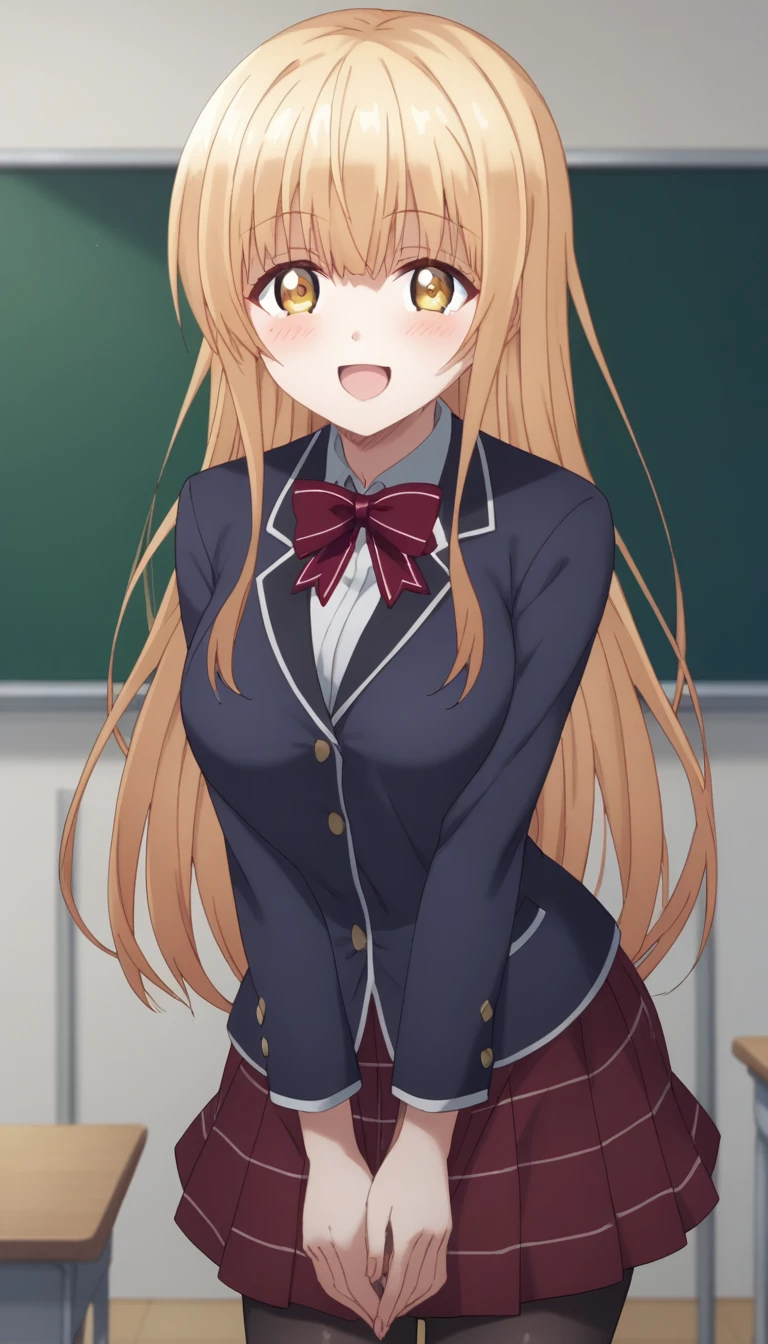 score_9, score_8_up, score_7_up, rating_explicit, 1girl, solo, MahiruShiina, otonari no tenshi-sama ni itsu no mani ka dame ningen ni sarete ita ken, shiina mahiru \(otonari no tenshi-sama\), yellow eyes, blonde hair, long hair, straight hair, medium breasts, blazer, blue jacket, bowtie, red bowtie, skirt, brown skirt, plaid skirt, miniskirt, skirt lift, lifted by self, side-tie panties, lace panties, white panties, white thighhighs, cowboy shot, leaning forward, v arms, looking at viewer, indoors, bedroom, white wall, blush, smile, :d, open mouth