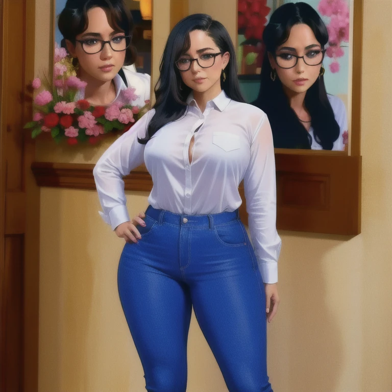(masterpiece, perfect quality:1.2), beautiful detailed. cute face, short, , medium black hair, black hair over one eye, glasses, long sleeve shirt, black jeans, pear shape wide hips, thick thighs, solo,