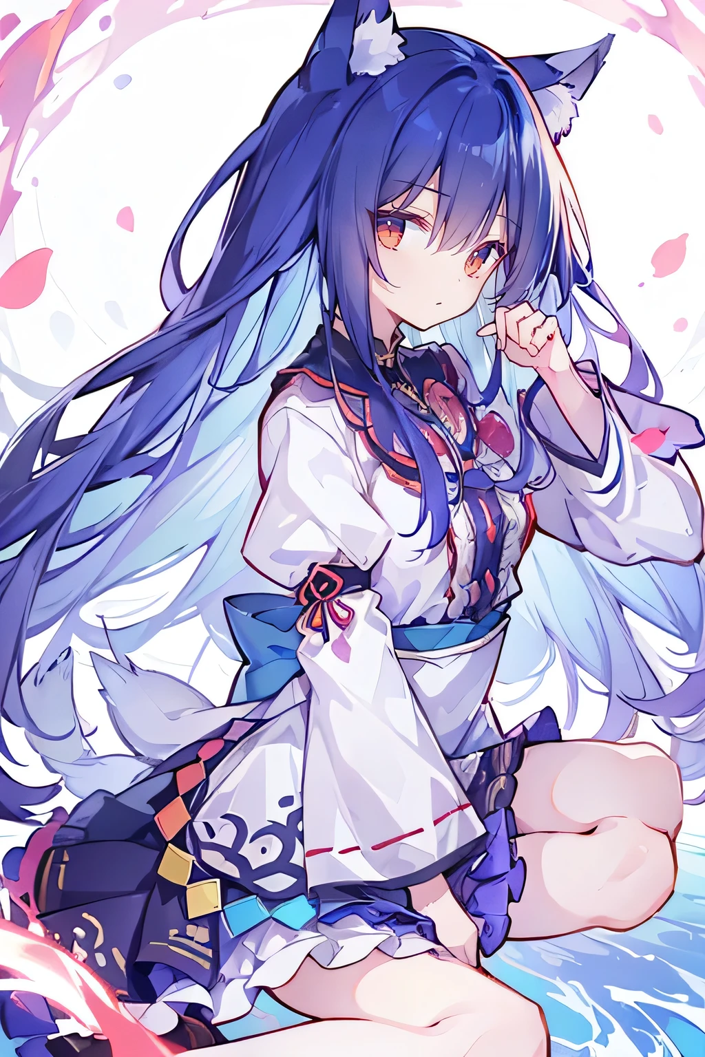 （masterpiece：1.2），Super detailed，lifelike，Expressive eyes，fair skin，perfect face shape，1 girl，
Japanese comics,Gorgeous blue hair,flowing blue hair,flowing clothes,Cat ears,Petals fall,beautiful lola,Baby Angel,
Shaking head with one hand，Cross your legs，，The pavilion is cool and comfortable,smile,back views,sunrise,Petals fall,Long sleeve，skirt，Red Eye，solo，Japanese clothes，Sky，Fox ears，Fox Tail，Fox Girl，