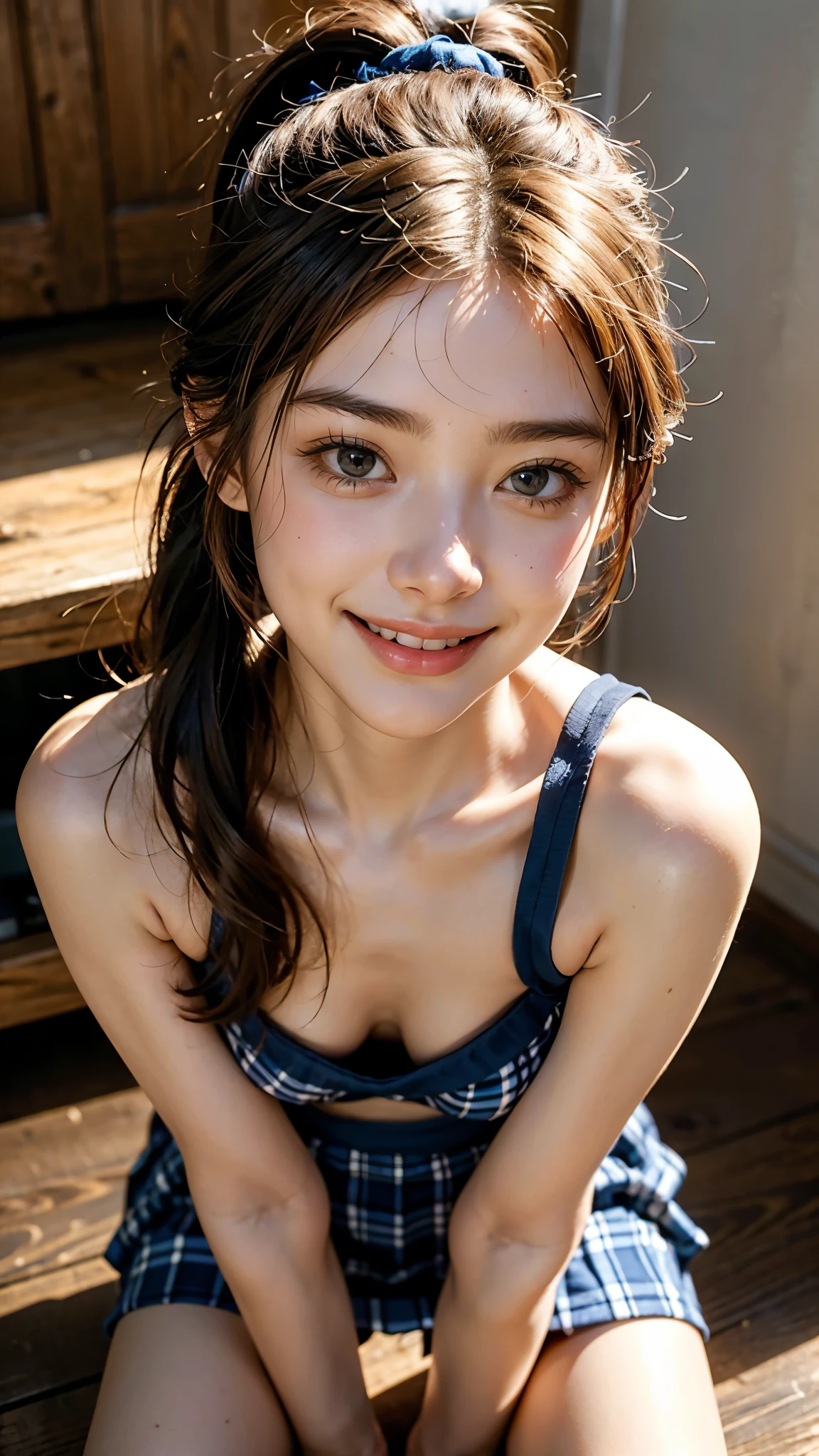 Highest quality, masterpiece, 4K Ultra High Resolution,Detailed face:1.6,(((Face Focus:1.6))) (Realistic:1.6), (Portrait of a man kneeling with legs apart) RAW Photos, 1 girl, 20-year-old,((Bra top and blue checked mini skirt)),((Ponytail and hair tie)),,((Looking up at the audience)),Realistic,((background)), Image Media Chest)),((Smiling with teeth showing)),Shot from above:1.2