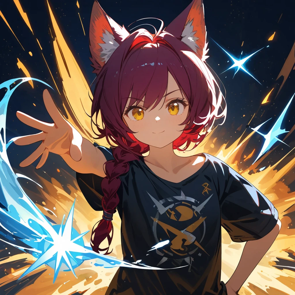 Xayah,t-shirt,  animal ears, yellow eyes, peasant_top, stunning, hair over shoulder, hoodless, beautiful, 4k, high_definition, detailed, young, small, explorer, adventurous, magic, cowboy_pose