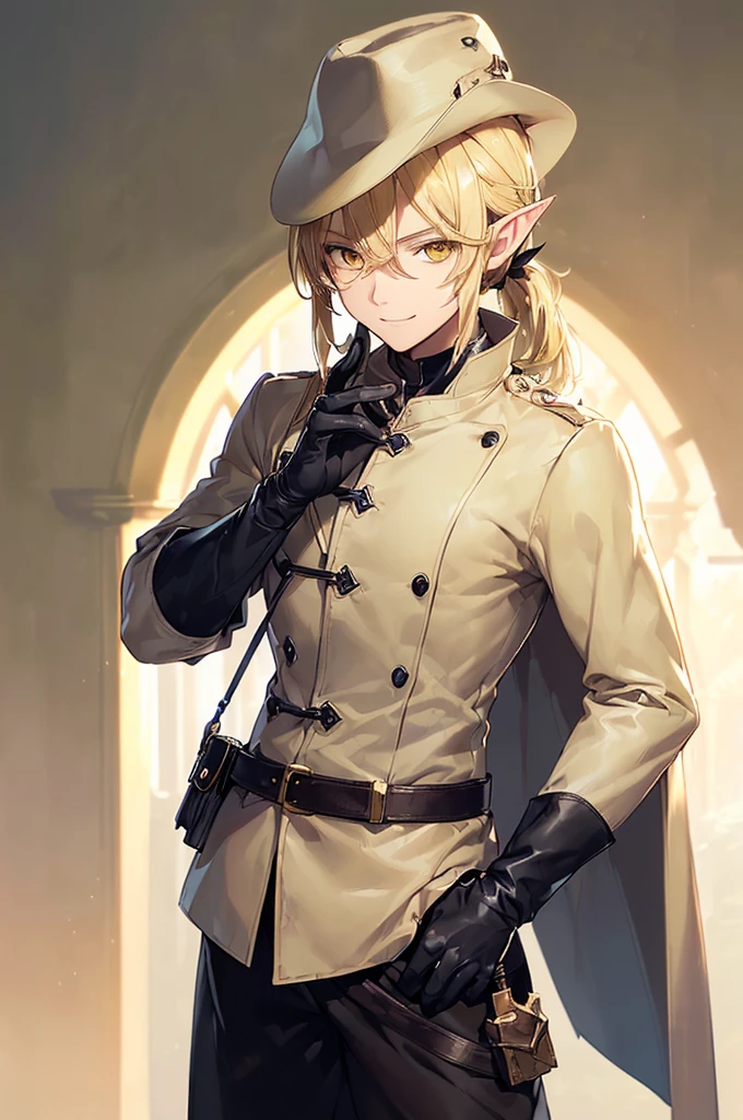 (((masterpiece; best quality: 1.2))), (finely detailed eyes: 1.3), (25 year old elf man), (solo), (yellow eyes: 1.4), (body; toned, fit, masculine: 1.3), (silky blonde hair in low ponytail: 1.3), (beautiful and clear background: 1.2), ((depth of field)), (equipment: adventurer garb + modest + elegant wide-brimmed hunter hat + beige overcoat + shirt + long black slanted cape + black pants + gloves + belt + pouches: 1.3), (anime illustration: 1.2), (background composition; royal garden: 1.1), (extremely fine and handsome: 1.1), (shot composition; standing + centered on torso + close-up: 1.5), (expression; calm, smile: 1.2)