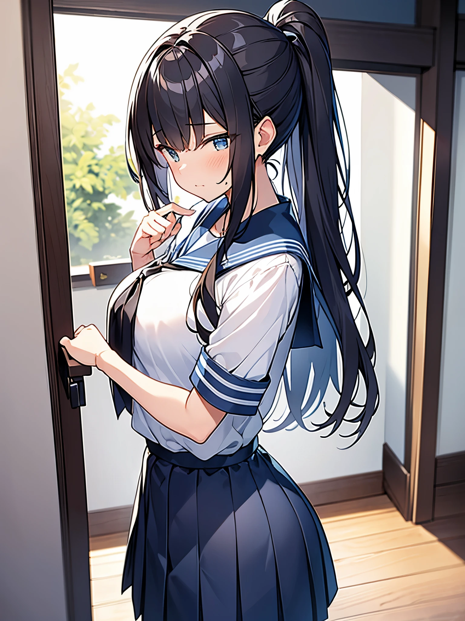 Looking straight to the side Profile Looking to the left of the screen Surprised Hands on mouth Woman Cute pose with all my might Apartment room, tall and slender, full body view Sweat ponytail:3.6 Troubled face, white summer sailor uniform, short sleeves, dark blue collar, dark blue ribbon, white sailor uniform, dark blue skirt, short black hair, straight hair, hair tie Sweep your bangs to the side:2.4. Slanted eyes, brown eyes, tall, strong-willed, beautiful Big breasts:1.3