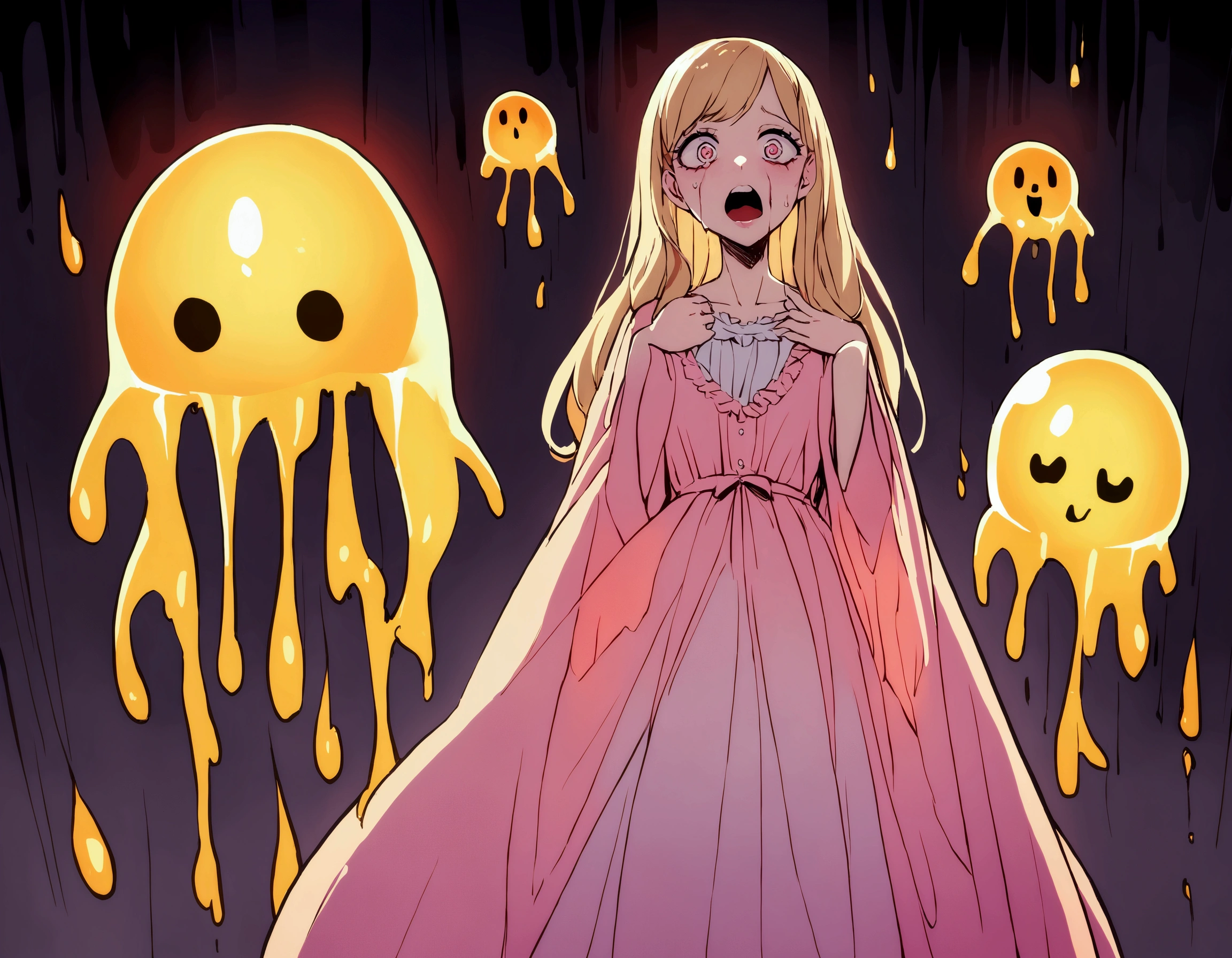 A cute woman, 50s clothing, has been caught by horror movie monster the Blob, she is encased in translucent slime that is dissolving her, mouth open to scream, body half dissolved