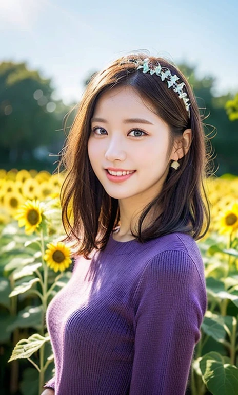 (a beautiful woman, age 28, windy morning at sunflower field, wearing tight knit purple dress, White Daisy hair accessories, short disheveled hair, super definition face, fine eyes with double eyelids, dimpled kind smile, beautiful lips, fair skin, super cute and soft face, brown hair, soft toned body, ample round bosom, 8k resolution, super realistic, super definition, highest definition, masterpiece, bokeh_background, SFW, sunrays)