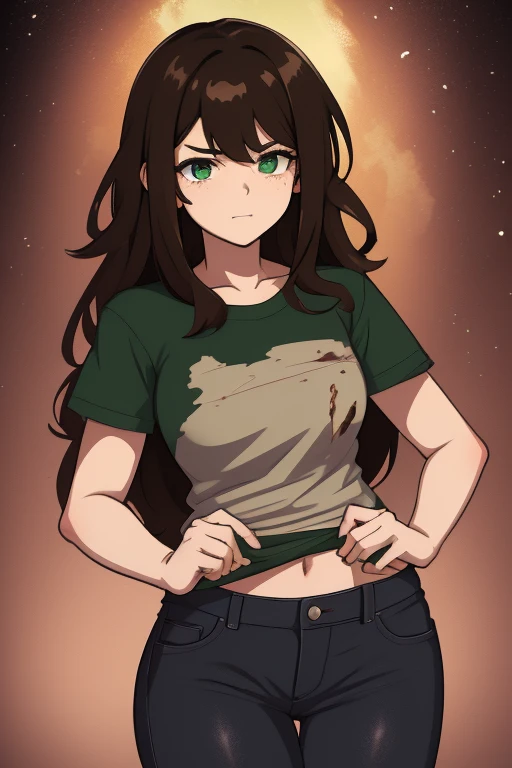 -High quality- -masterpiece- -Anime style- A beautiful woman, disheveled dark brown hair, green eyes, visible freckles on her cheeks and nose, a scar on her face, wearing a very torn T-shirt, totally torn pants, blood on the face, held on a branch in the middle of a cliff, about to fall, at night