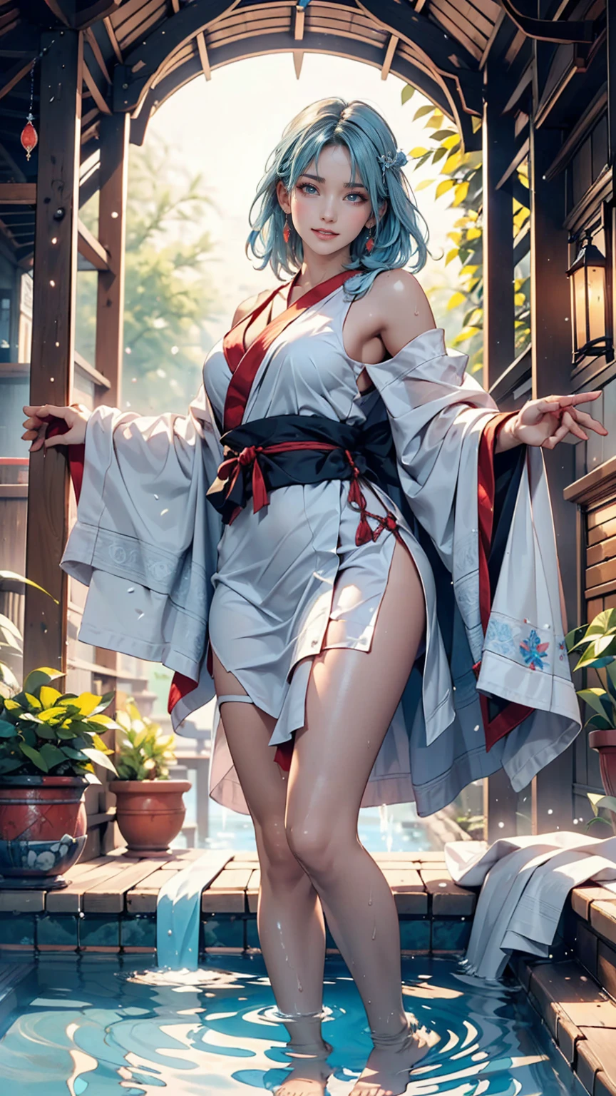 One girl, Female Water Spirit, Light blue hair, Internal spring water, Put a few drops of water on your skin,Wrapped in a transparent cloth、barefoot、Soak your feet in the sacred spring、smile、Open your arms