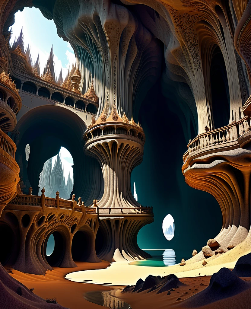 there are many inverted cavities (different rooms, joined by mandelbulb projections that form passages) in the middle of an underground canyon that makes up a mandelbulb mud village at different heights with many balconies and stalactites and stalactites, fantasy architecture, Highly detailed 4k digital art, beautiful detailed fantasy, stunning fantasy landscape, detailed fantasy digital art, arstation and beep highly, fantasy style octane 8k rendering, stuning fantasy 3d rendering, 4k detail fantasy, fantasy 3d rendering, 3D rendering beep, deep masive desert landscape, stalacmite cave laberinto very confuse type geonosis bubbes