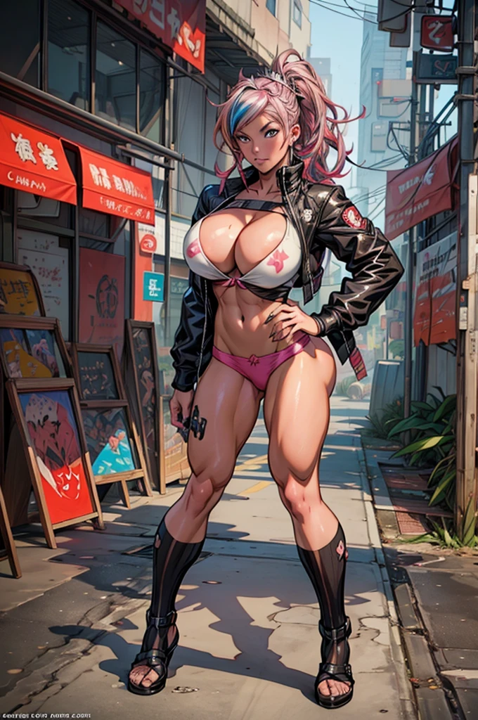 anime girl ((multi-colored hair, exposed breasts, massive breasts: 1.6, colossal cleavage: 1.4, protruding nipples, curvaceous, thick thighs)) with a cupcake and ice cream cone in her hand, cyberpunk art inspired by Harumi Hironaka, pixiv contest winner, shin hanga, artgerm colorful!!!, krenz cushart and artgerm, range murata and artgerm, style ivan talavera and artgerm, digital art from danganronpa