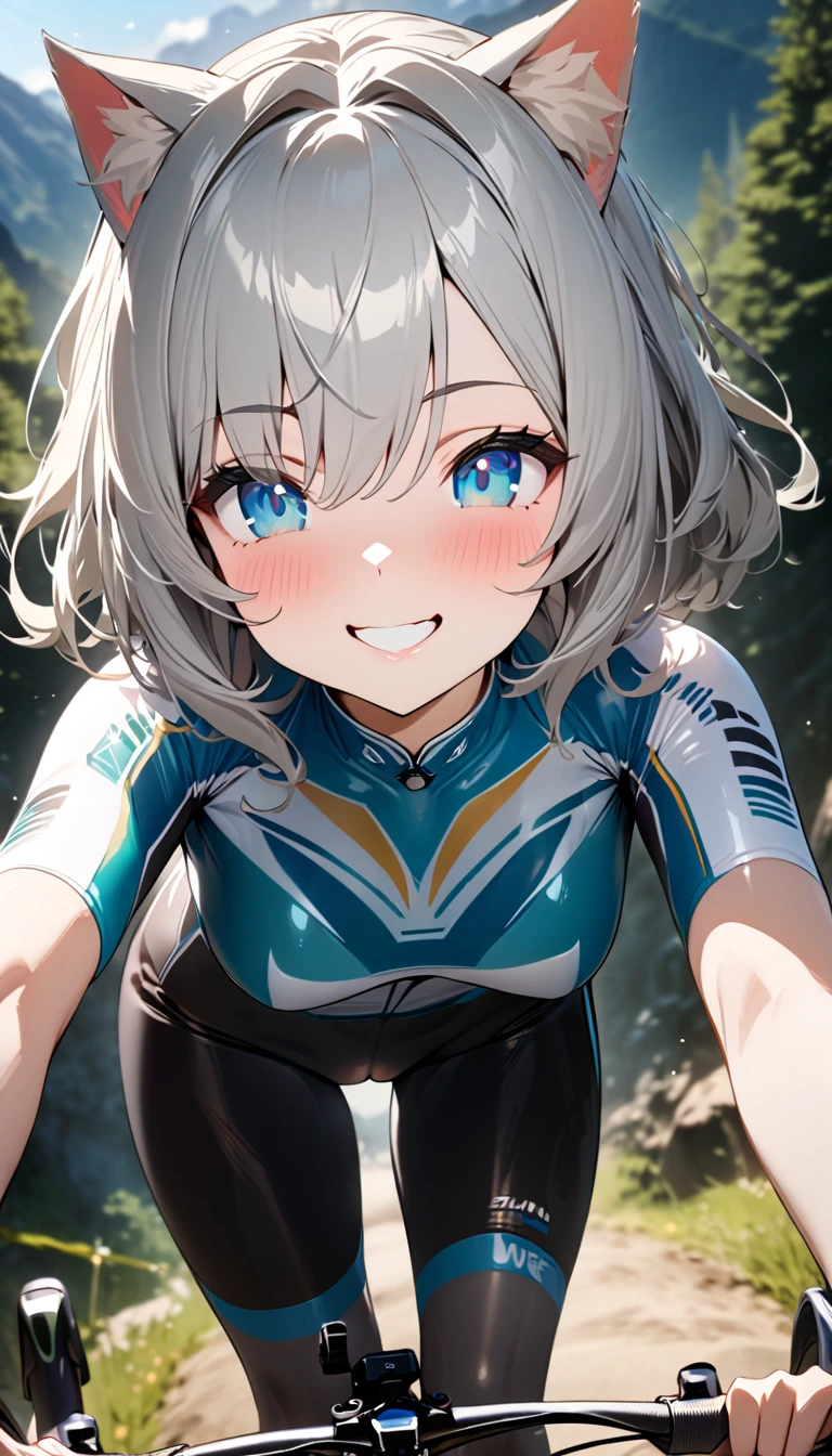 silver bob、 1 girl, (((best quality)), ((masterpiece)), (details), masterpiece, best quality, high quality, super detailed, perfect face, ((1 girl, Blue eyes, Cat ears: 1.3 silver bob: 2.5,)),Shiny Hair、Shiny skin、smile、Alluring expression、Outdoor、cycling、Ride a mountain bike、Mountain trail、sunny、