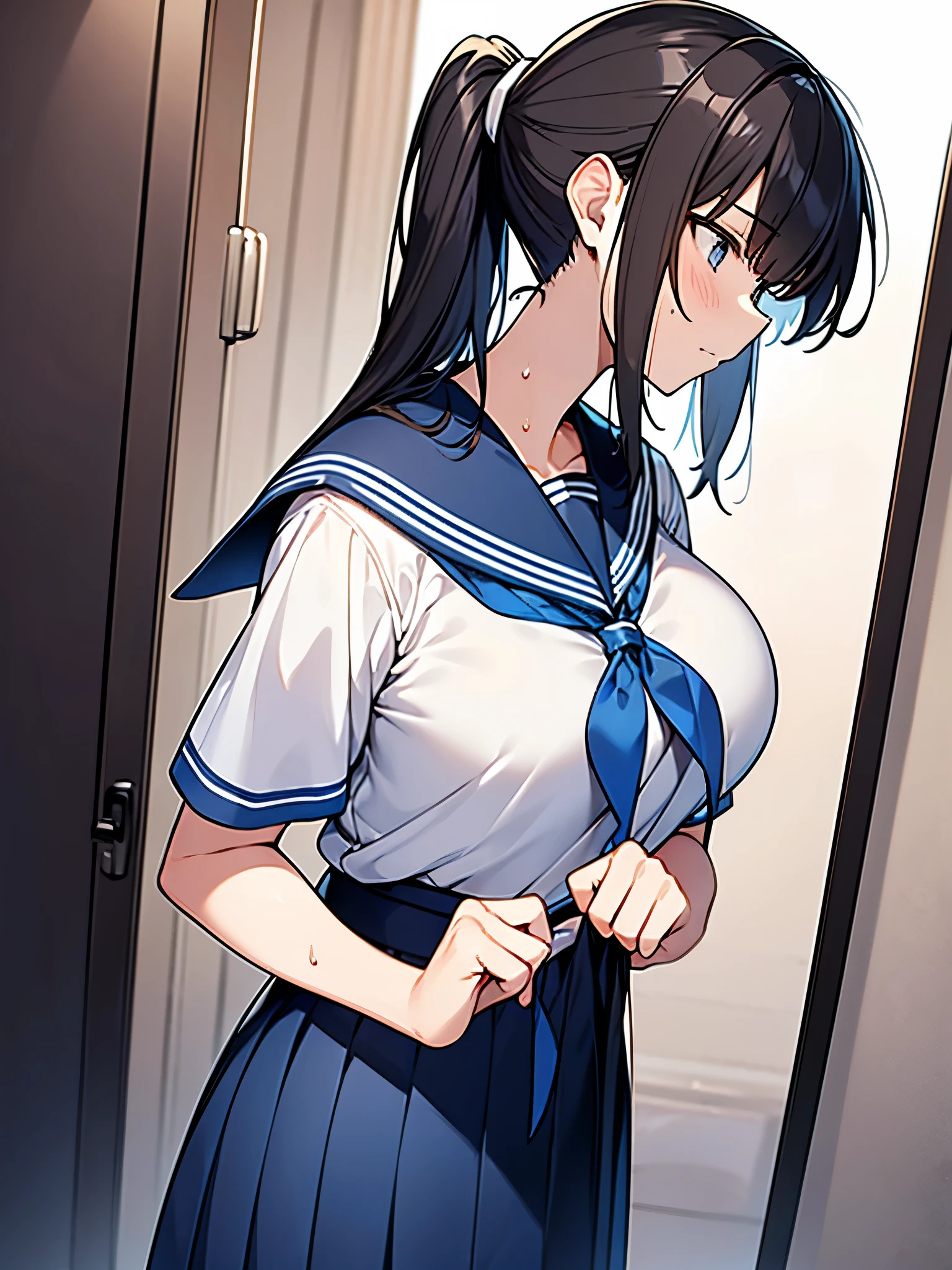 Looking straight to the side Profile Looking to the left of the screen Surprised Hands on mouth Woman Cute pose with all my might Apartment room, tall and slender, full body view Sweat ponytail:3.6 Troubled face, white summer sailor uniform, short sleeves, dark blue collar, dark blue ribbon, white sailor uniform, dark blue skirt, short black hair, straight hair, hair tie Sweep your bangs to the side:2.4. Slanted eyes, brown eyes, tall, strong-willed, beautiful Big breasts:1.3