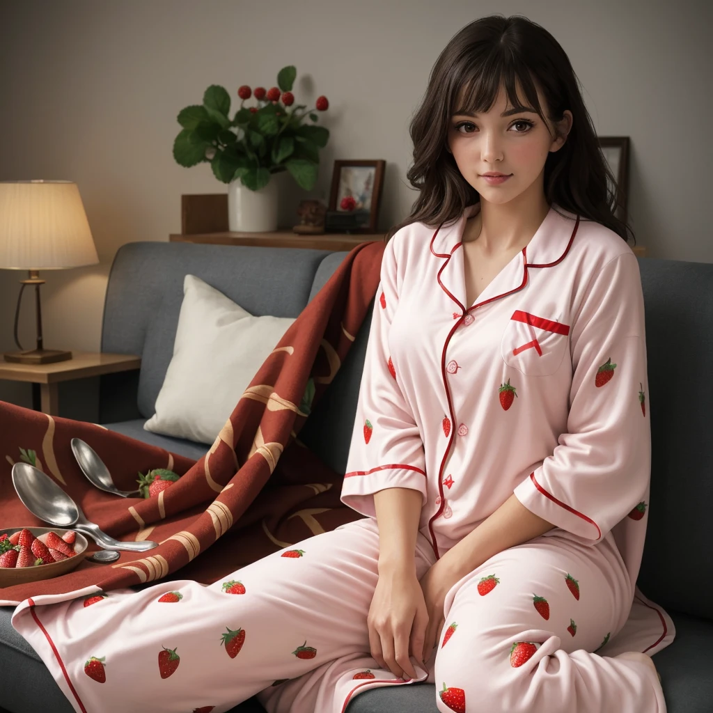 ((Best Quality)), ((masterpiece)), (detailed), 1 girl, double piece strawberry pajamas, covered with a red blanket, sick woman, congested, covered with a red blanket, On the couch, with a vegetable soup.
