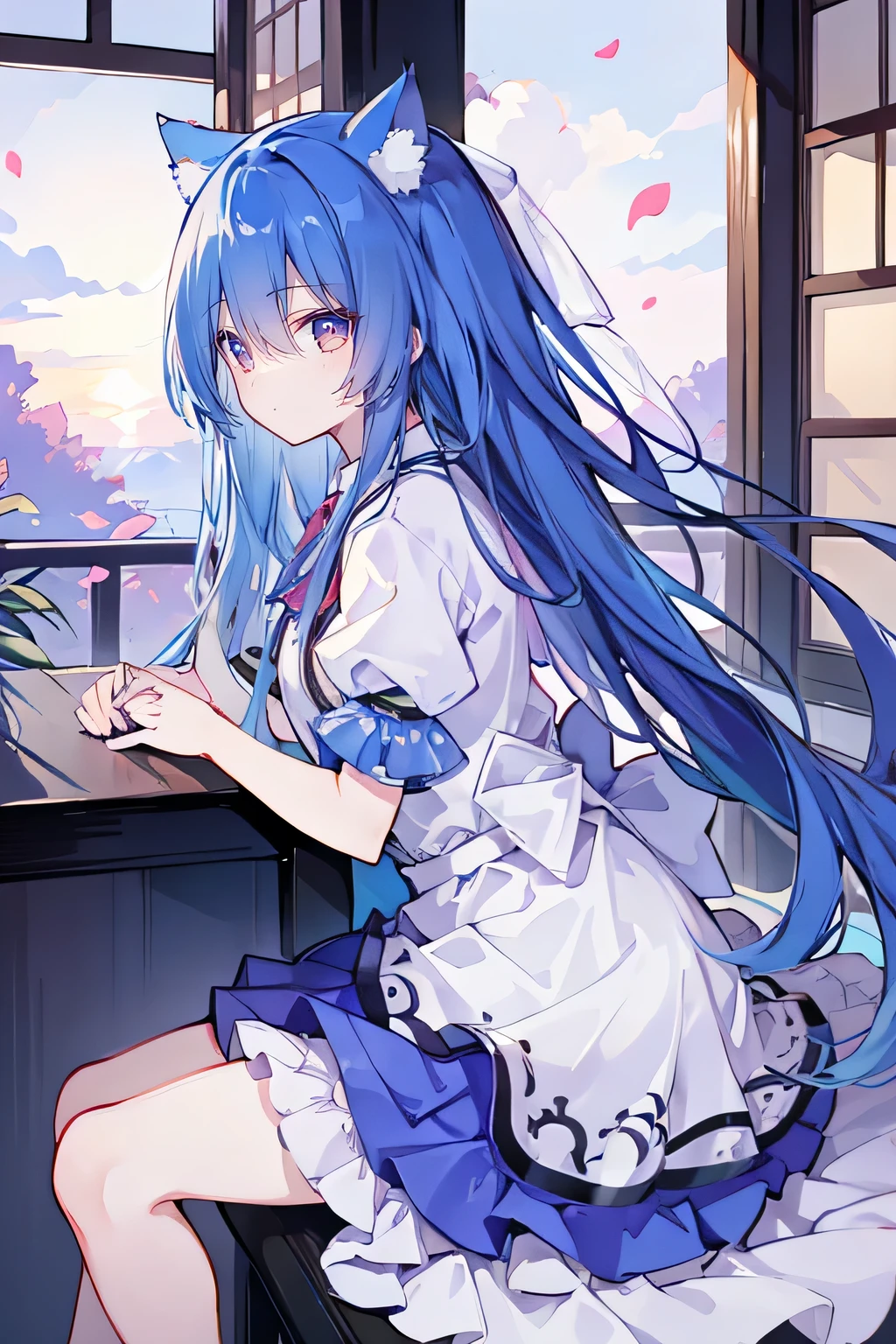 (masterpiece:1.2),Super detailed,lifelike,Expressive eyes,fair skin,perfect face shape,1 girl,
Japanese comics,Gorgeous blue hair,flowing blue hair,flowing clothes,Cat ears,Petals fall,beautiful lola,Baby Angel,
Shaking head with one hand,Cross your legs,,The pavilion is cool and comfortable,smile,back views,sunrise,Petals fall,sitting on window sill drinking coffee and looking out the window