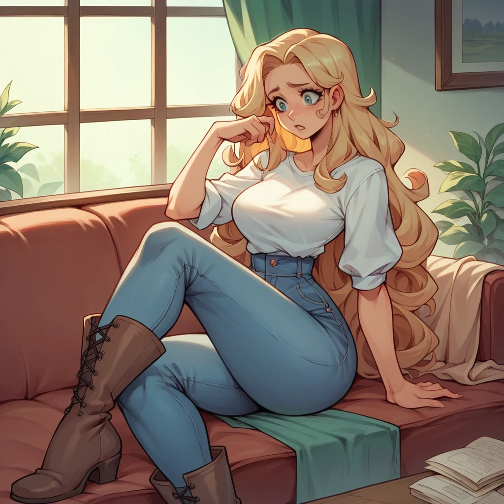 Beautiful woman 25 years old, not very high, long curly light blonde hair, Thin waist, big tits, well-shaped and large hips. She wears a top and jeans and long boots, sitting on her sofa, she is worried reading some papers, House