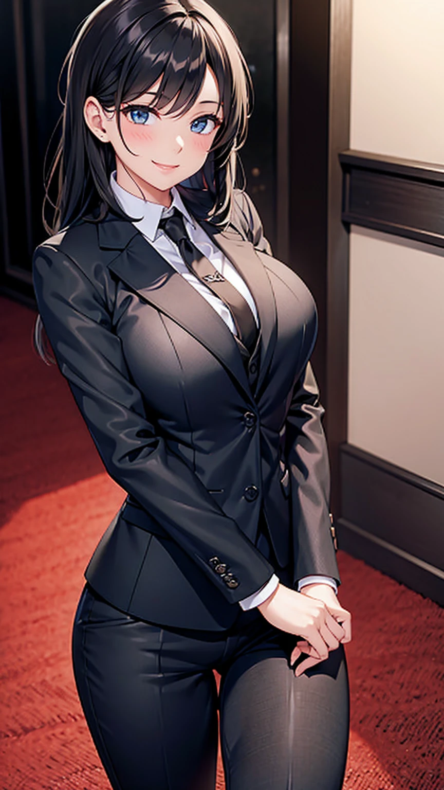 Sexy woman in a black suit tie smile