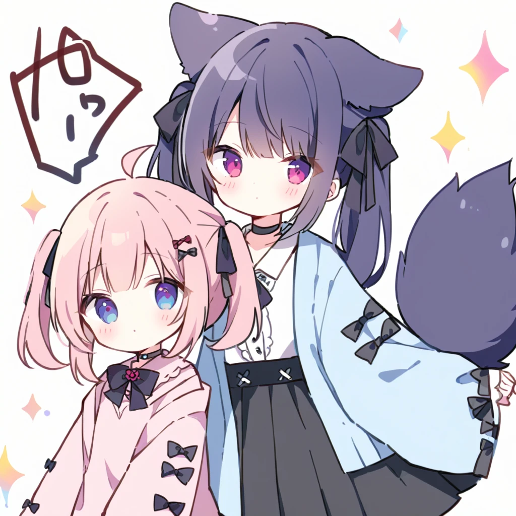 Top quality, masterpiece,two chibi girls
, one girl with peal purple and blunt bangs hair, twin braids,green eyes, ,(a girl with closs hair pin,
pink shirt,cosplay, jirai kei, bangs, black skirt, black bow, looking at viewer, bow, long sleeves, choker, ribbon,with Dog droopy ears and tail:1.4),
other girl with dark glay hair,high twintails,Bangs between the eyes,dark blue eyes,Black and white haori and hakama,