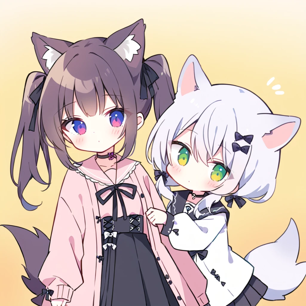 Top quality, masterpiece,two chibi girls
, one girl with peal purple and blunt bangs hair, twin braids,green eyes, ,(a girl with closs hair pin,
pink shirt,cosplay, jirai kei, bangs, black skirt, black bow, looking at viewer, bow, long sleeves, choker, ribbon,with Dog droopy ears and tail:1.4),
other girl with dark glay hair,high twintails,Bangs between the eyes,dark blue eyes,Black and white haori and hakama,