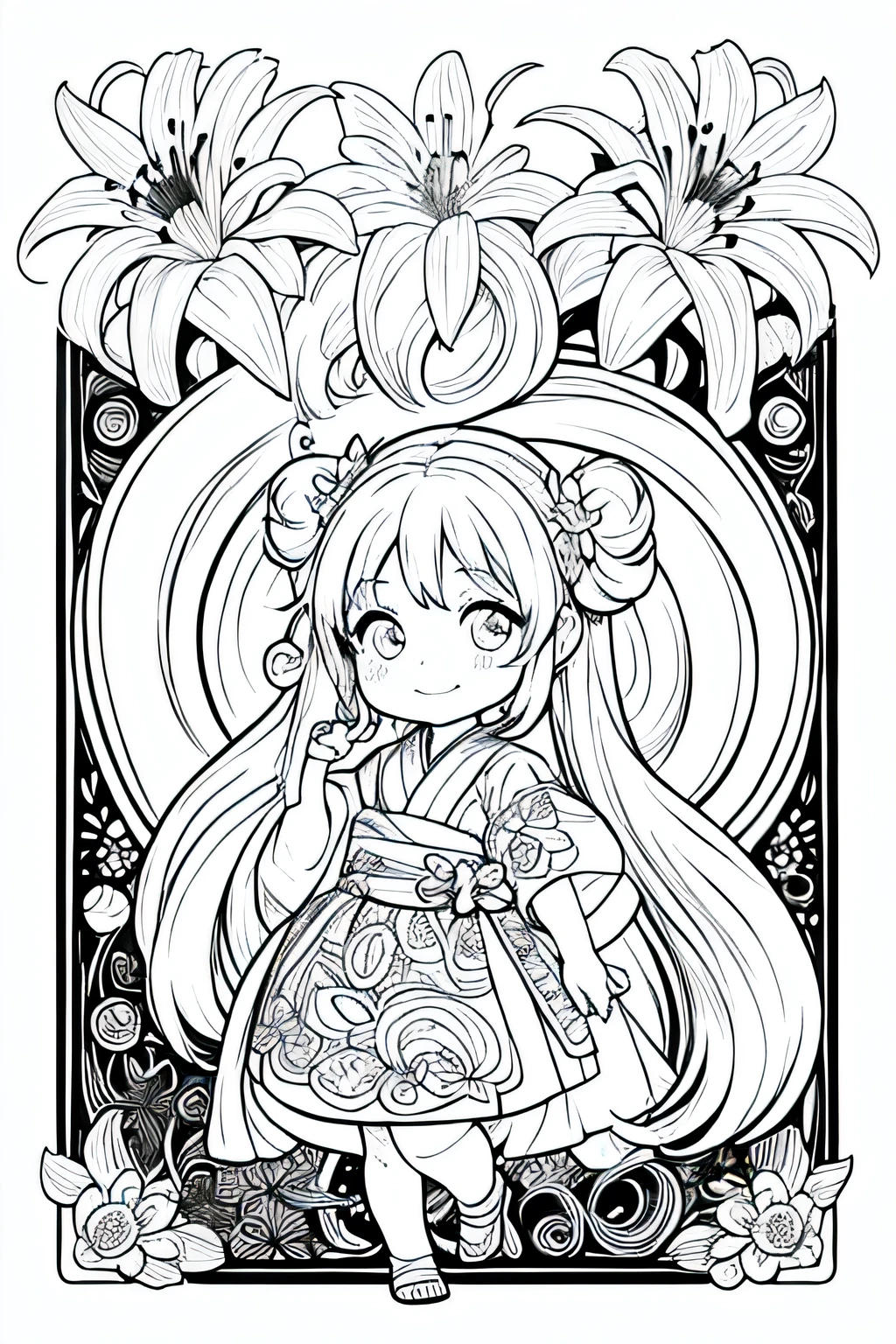 One girl, Create a baby chibi version of the Alice character in an 8K resolution, coloring pages, simplified zentangle, coloring book outline, black and white only, no outline, intricate designs, coloring book, celtic design, intricate lines, no gradients, Chibi,Lily fairy, lily yukata,,short twintails
