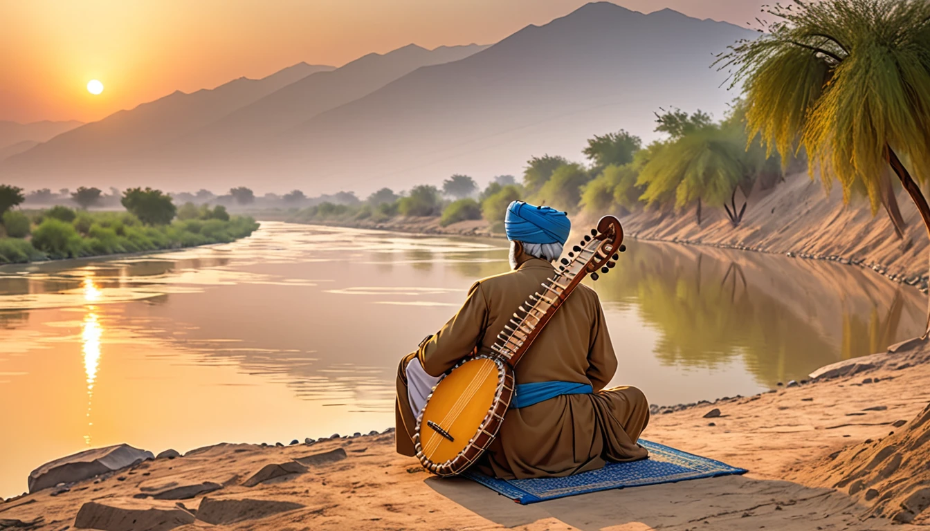 Shield of David,Indian,Turbaned Master,Back view of an old man playing the sitar,Back view of musicians playing on the banks of the Indus River,dawn,dark,The sitar is hidden in the background