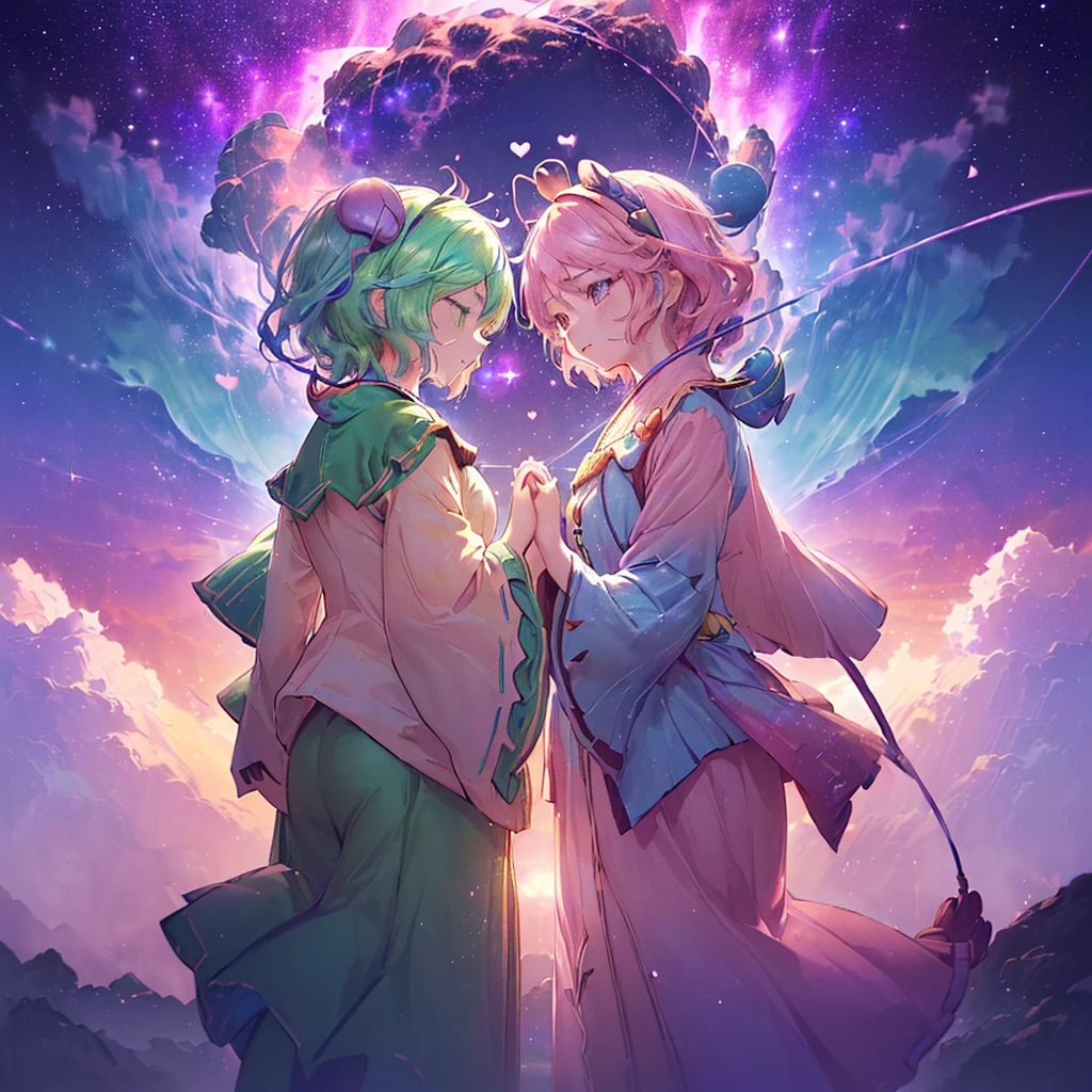 ((((((East、Komeiji Sisters)))))) (((((Put your hands together、Two people facing each other、close Third Eye Galaxy Background、Shine))))) ((((Fantasy Lots of hearts、Pink and green Swaying in the Wind)))) (((Lonely、despair))) ((tears)) (Distorted Space-Time Big full moon) Shine背景 Particles of light, Shineエッジ