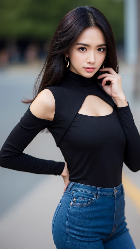 background is New York,street, 1 girl, beautiful korean girl, big eyes, wearing tight black dress(turtle neck,simple,long sleeves), black long boots, shy smile, solo, beautiful and detailed eyes, dark eyes, big breasts, calm expression, delicate facial features, ((model pose)), Glamor body type, (dark hair:1.2), simple tiny earrings, simple tiny necklace, very_long_hair, hair past hip, bangs, curly hair, flim grain, realhands, masterpiece, Best Quality, 16k, photorealistic, ultra-detailed, finely detailed, high resolution, perfect dynamic composition, beautiful detailed eyes, eye smile, ((nervous and embarrassed)), sharp-focus, full_body, cowboy_shot