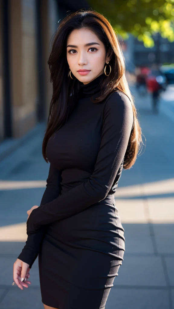 background is New York,street, 1 girl, beautiful korean girl, big eyes, wearing tight black dress(turtle neck,simple,long sleeves), black long boots, shy smile, solo, beautiful and detailed eyes, dark eyes, big breasts, calm expression, delicate facial features, ((model pose)), Glamor body type, (dark hair:1.2), simple tiny earrings, simple tiny necklace, very_long_hair, hair past hip, bangs, curly hair, flim grain, realhands, masterpiece, Best Quality, 16k, photorealistic, ultra-detailed, finely detailed, high resolution, perfect dynamic composition, beautiful detailed eyes, eye smile, ((nervous and embarrassed)), sharp-focus, full_body, cowboy_shot