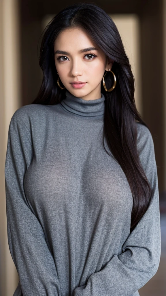 background is New York,street, 1 girl, beautiful korean girl, big eyes, wearing tight black dress(turtle neck,simple,long sleeves), black long boots, shy smile, solo, beautiful and detailed eyes, dark eyes, big breasts, calm expression, delicate facial features, ((model pose)), Glamor body type, (dark hair:1.2), simple tiny earrings, simple tiny necklace, very_long_hair, hair past hip, bangs, curly hair, flim grain, realhands, masterpiece, Best Quality, 16k, photorealistic, ultra-detailed, finely detailed, high resolution, perfect dynamic composition, beautiful detailed eyes, eye smile, ((nervous and embarrassed)), sharp-focus, full_body, cowboy_shot