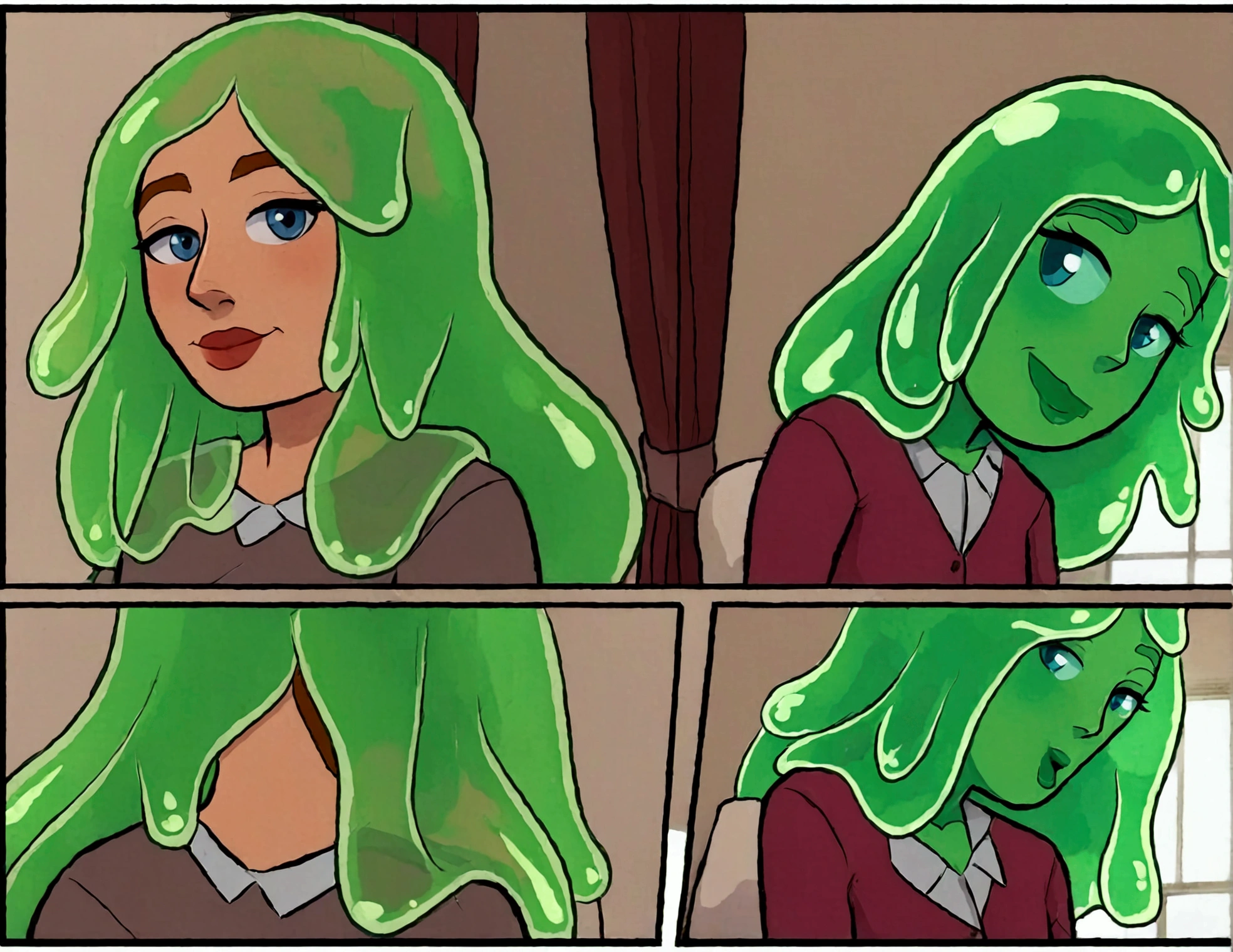 A slime girl (Christna Hendricks, age 25, translucent, made of green slime) has snuck onto a woman's bedroom and is trying on clothes. Slime foot prints