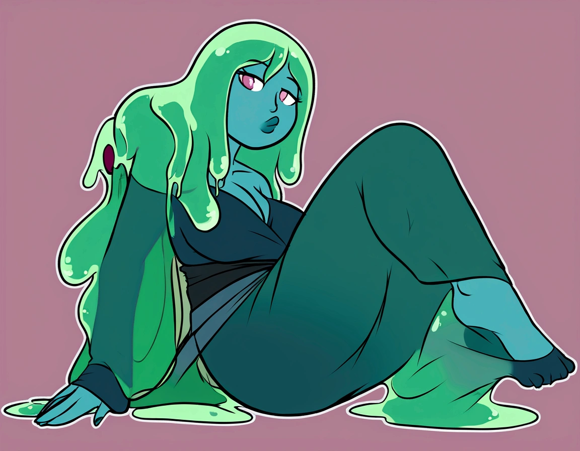 A slime girl (Christna Hendricks, age 25, translucent, made of green slime) has snuck onto a woman's bedroom and is trying on clothes. Slime foot prints