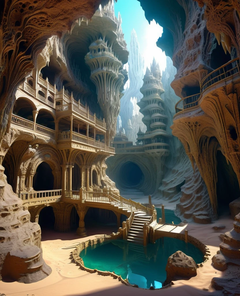 there are many inverted cavities (different rooms, joined by mandelbulb projections that form passages) in the middle of an underground canyon that makes up a mandelbulb mud village at different heights with many balconies and stalactites and stalactites, fantasy architecture, Highly detailed 4k digital art, beautiful detailed fantasy, stunning fantasy landscape, detailed fantasy digital art, arstation and beep highly, fantasy style octane 8k rendering, stuning fantasy 3d rendering, 4k detail fantasy, fantasy 3d rendering, 3D rendering beep, deep masive desert landscape, stalacmite cave laberinto very confuse type geonosis bubbes