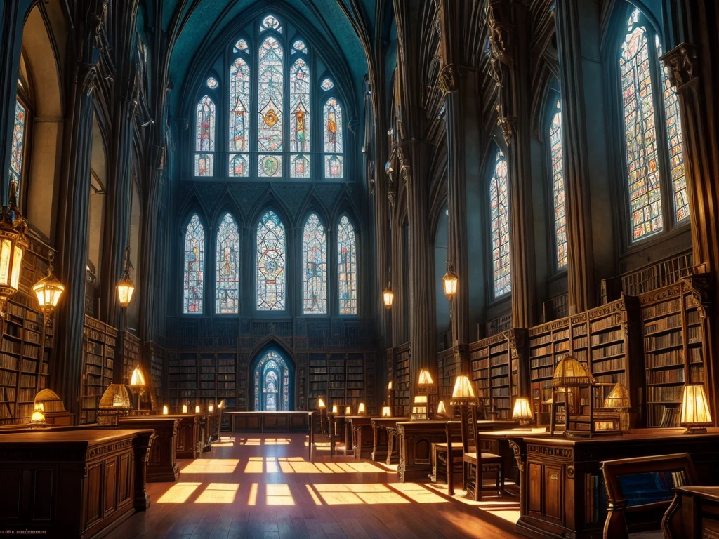 a fantastical old library, majestic, huge, bioluminescent mineral gems illuminating the interior, large stained glass window in the background, desks and chairs, (best quality,8k,highres,masterpiece:1.2),ultra-detailed,realistic,photorealistic,photo-realistic:1.37,ornate,medieval,dramatic lighting,intricate architecture,detailed textures,moody atmosphere,warm colors, with some Librarian Kobolds from a distance in the background, Kobolds, scalie, anthro, kobold female, kobold male, women, men, flat chested, flat breasts, horns  