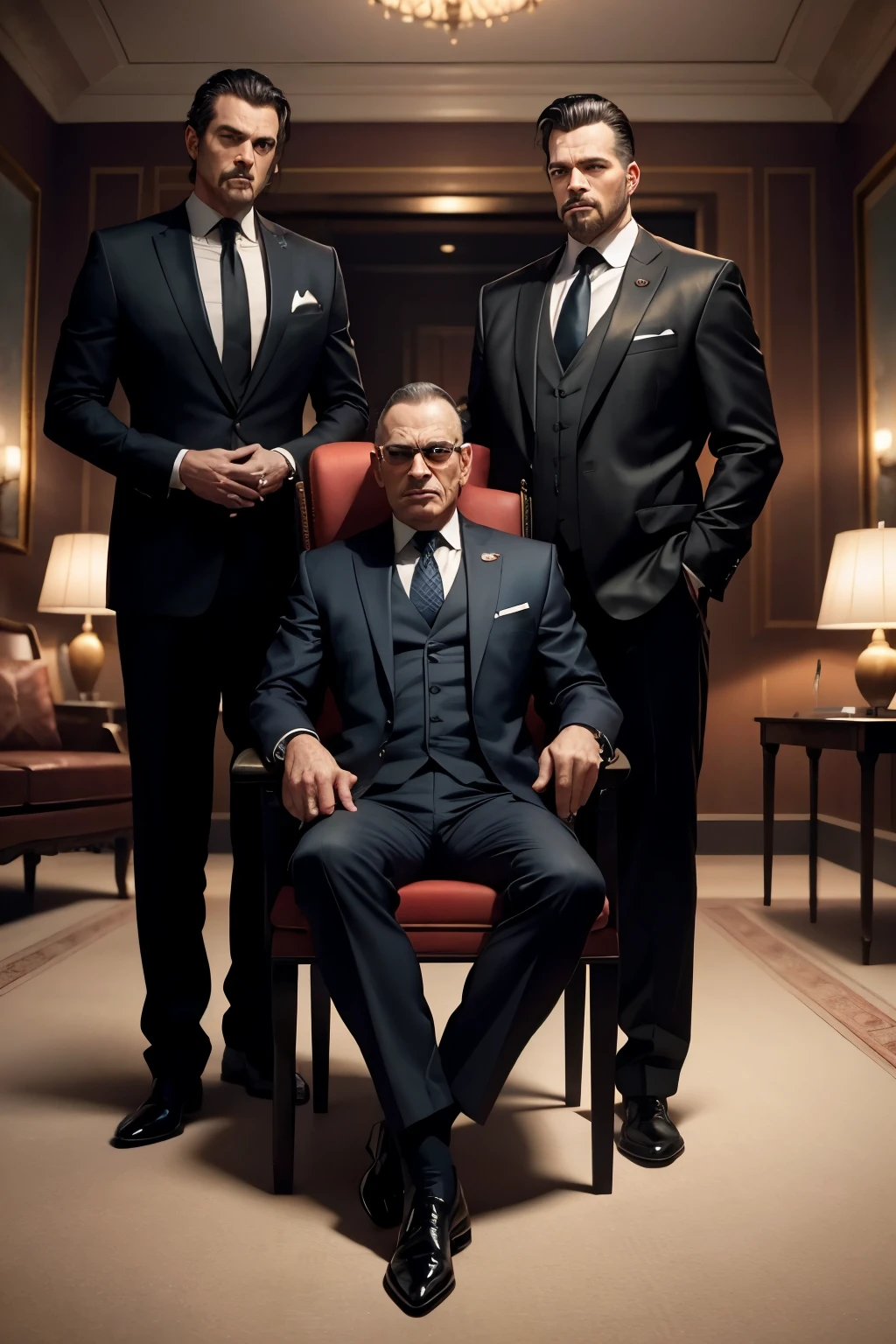 Two American Mafia men in suits，A man sitting on a chair with his legs crossed，Another one stood behind him，centered on a mafia，The background is a mafia high-end room, Biographical films, Promotional image, High quality photos, Art work, Wim Wenders, [ drama ], 2022 , [ Movie, author：Emma Andijewska, High-quality screenshots, author：Dan Frazier, 4k static, netflix, High-quality stills, a24