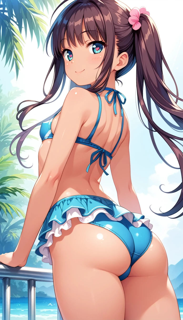 1girl, tiny girl, young girl, mesugaki, mesugaki smile, Boyish, long frilled SKIRT, swim suit, breasts, big ass, thick thighs, Teasing, naughty looks, heart eyes, Lower arm, A girl puts her hand on her crotch, tidy, Focus on the girl, glossy skin, oily skin, Gravure, pinup, junior idols, Masterpiece:2, Top Quality, high Quality, Very Detailed, ultra High Resolution, super High Resolution, Beautiful Detail, Dynamic angles, perfect lighting, 8k, Animation Style, cartoon style, game cg, sfw,
