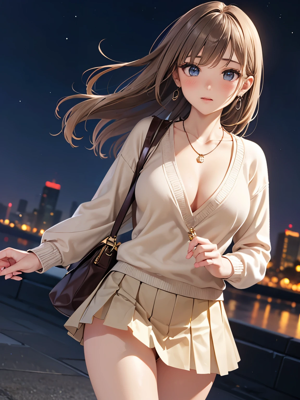 ((masterpiece, Highest quality, High resolution,4K)), One girl, single, alone, Beautiful Anime Girls, Anime characters, 24-years-old, I could see the whole body,((Wavy long hair、Shiny light beige hair,Curly Hair:0.6)), ((Detailed face, blush:1.2)), ((Detailed eyes, Beautiful eyelashes、Anime Eyes Style, Beautiful Eyes, Gray Eyes:1.8, Glitter effect)), ((Smooth texture:0.75, Realistic texture:0.65, Realistic:1.1, Anime CG style)), Dynamic Angle, Big Breasts, valley、Perfect body, ((Run,walk、 cute, Hand in hand)), ((Casual clothing, White sweater, Short pleated skirt, bra、I can see your attractive thighs)), Outdoor Background, Absurd background, ((night, night lights)), Urban construction, ((Minimalist Necklace, Earrings、Beige mini bag))、I can see your pants、足を出してwalk、Chest shakes、I want to go home with you