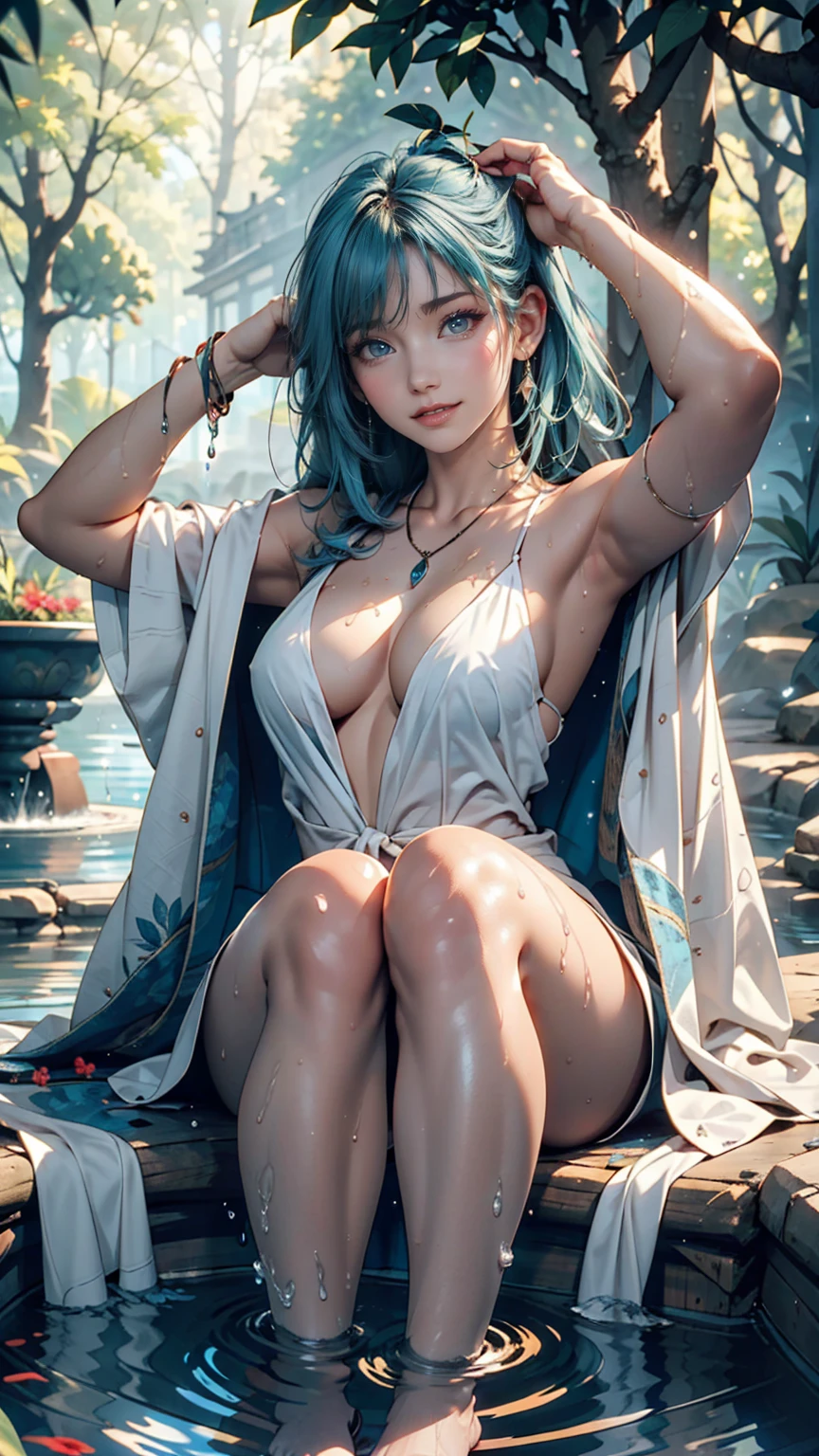 One girl, Female Water Spirit, Light blue hair, Internal spring water, Put a few drops of water on your skin,Wrapped in a transparent cloth、barefoot、Soak your feet in a sacred spring deep in a remote forest、smile、Open your arms